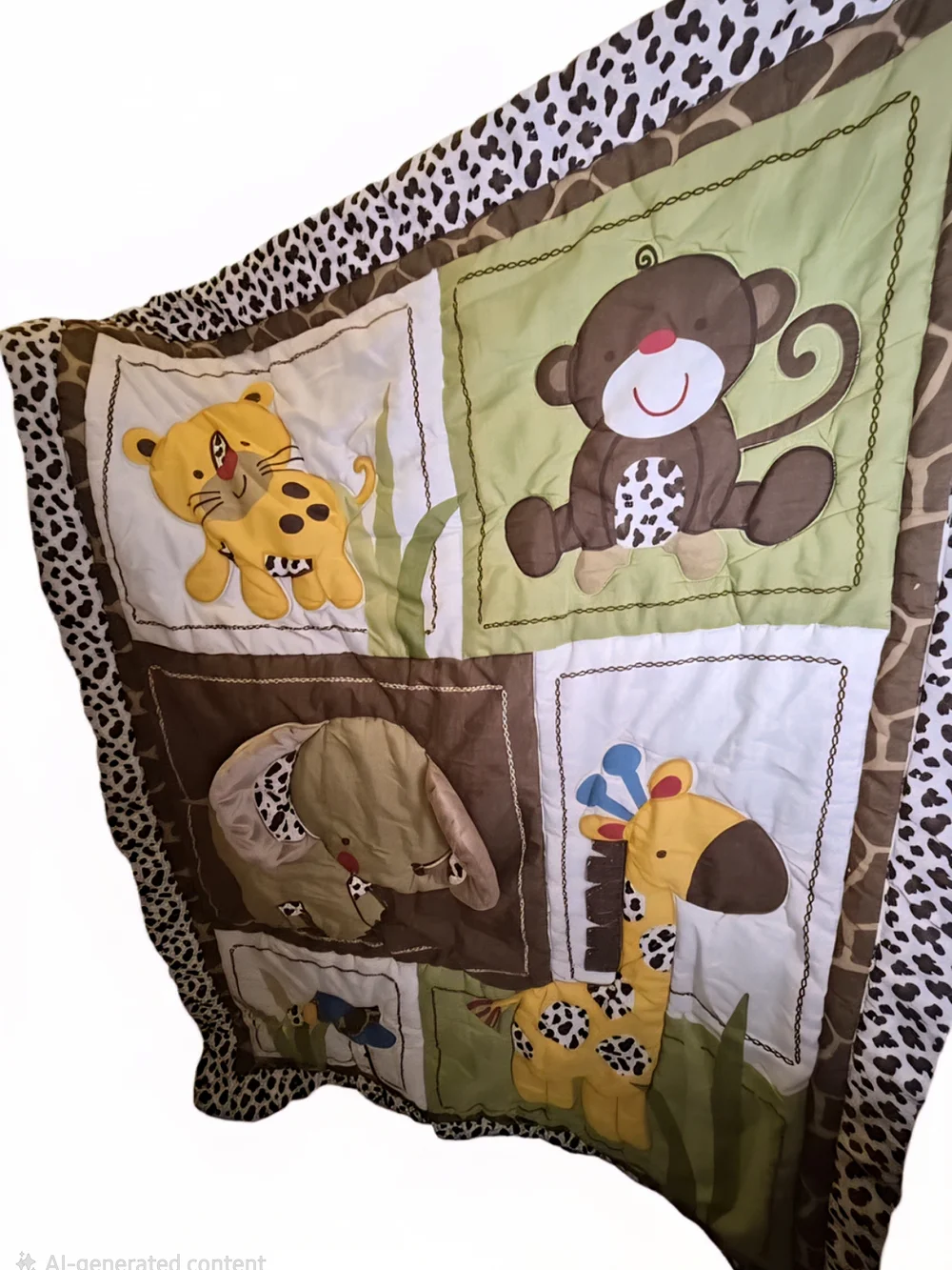 Safari Animals Patchwork Baby Quilt Crawling Tummy Time Blanket- Green and Brown